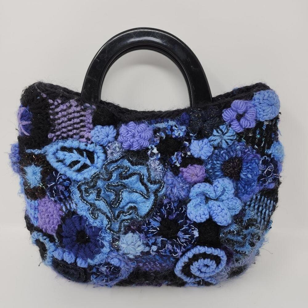 Handcrafted Blue and Purple Crochet Floral Handbag with Black Handles